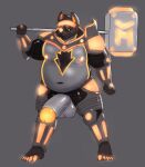anthro armor balls belly big_penis canid canine canis futuristic genitals glowing glowing_genitalia glowing_markings glowing_nipples glowing_penis hammer huge_penis male mammal markings musclegut muscular nipples olibur overweight overweight_male pecs penis solo tools weapon_on_shoulder wolf