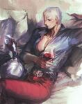  2boys alcohol bara beard belt bishounen closed_eyes couch cup dante_(devil_may_cry) devil_may_cry_(series) devil_may_cry_4 drinking_glass drunk facial_hair formal hair_over_one_eye highres holding lap_pillow large_pectorals lying lying_on_lap lying_on_person male_focus multiple_boys muscular muscular_male nero_(devil_may_cry) on_side open_clothes open_shirt pants pectorals red_pants red_wine shirt sitting sleeping sleeping_on_person smile tight_clothes tight_shirt toned toned_male uncle_and_nephew upper_body wenwen_0902 white_hair white_shirt wine wine_glass 