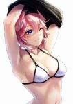  1girl armpits arms_up black_shirt blue_eyes blush bra breasts cleavage collarbone commentary_request curvy hair_between_eyes hairband head_wings highres hololive holox looking_to_the_side medium_breasts navel one_eye_closed parted_lips pink_hair shirt short_hair simple_background smile solo stomach supa_9_rou sweat takane_lui underwear undressing upper_body virtual_youtuber white_background white_bra wings 