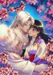  1boy 1girl arm_markings arms_around_waist black_hair blush brown_eyes cherry_blossoms closed_eyes couple crescent crescent_facial_mark dated demon_boy eyeshadow facial_mark flower forehead_mark fur_trim hair_between_eyes hetero highres inuyasha japanese_clothes kay-i kimono makeup obi parted_bangs parted_lips pink_flower pointy_ears red_eyeshadow rin_(inuyasha) sash sesshoumaru striped_clothes striped_kimono tree twitter_username upper_body white_fur white_hair white_kimono 