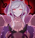  1girl absurdres ailheim blush bodystocking breasts cape cleavage commentary dark_persona english_commentary evil_smile eyes_of_grima fake_horns fire_emblem fire_emblem_awakening fire_emblem_heroes glowing glowing_eyes grey_hair grima_(fire_emblem) highres horned_headwear horns large_breasts leaning_forward official_alternate_costume pinned pov purple_cape red_background red_eyes robin_(female)_(fell_tactician)_(fire_emblem) robin_(female)_(fire_emblem) robin_(fire_emblem) see-through see-through_cleavage smile solo twintails upper_body you_gonna_get_raped 