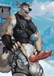 2024 5_fingers animal_genitalia animal_penis anthro athletic athletic_anthro athletic_male balls black_nose bottomwear canid canine canine_genitalia canine_penis canis claws clothed clothing epic_games erection fangs finger_claws fingerless_gloves fingers fortnite fur genitals gloves grey_body grey_fur handwear hat headgear headwear hi_res humanoid_hands juiceps knot male mammal mountain open_mouth open_smile penis shorts smile snow solo teeth tongue tongue_out topwear vest wendell_(fortnite) wolf