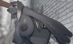 anthro big_breasts blue_eyes breasts canid canine canis domestic_dog female fur grey_body grey_fur grey_hair hair hi_res huge_breasts kambo long_ears mammal nipples nude solo stuck through_wall volga_(kambo) wide_hips