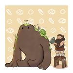  1boy affectionate beard brown_hair cabbage closed_eyes dungeon_meshi dwarf facial_hair golem highres kkurakko long_beard male_focus monster plant_on_head senshi_(dungeon_meshi) sitting size_difference standing thick_mustache very_long_beard watering 