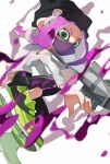  1girl aqua_eyes beanie black_hat black_leggings hat highres holding koike3582 leggings long_hair long_sleeves mask mouth_mask octoling octoling_girl octoling_player_character pink_hair shirt shoes simple_background single_vertical_stripe solo splatoon_(series) splattershot_pro_(splatoon) suction_cups tentacle_hair v-shaped_eyebrows white_background white_shirt 