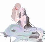  2girls black_hair blonde_hair blood blood_on_hands death finger_in_another&#039;s_mouth fins gills highres long_hair mermaid monster_girl multiple_girls opood original severed_head tagme very_long_hair white_background 