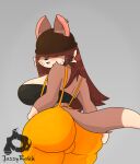 absurd_res anthro big_breasts blush breasts butt clothing digital_media_(artwork) domestic_cat ebona_(jazzyrakk) felid feline felis female fur hair hi_res jazzyrakk looking_at_viewer mammal open_mouth simple_background smile solo tail thick_thighs wide_hips