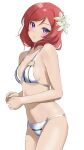  1girl bare_shoulders bikini breasts cleavage closed_mouth collarbone commentary_request flower groin hair_flower hair_ornament hanamaruyama628 highres looking_at_viewer love_live! love_live!_school_idol_project medium_hair midriff navel nishikino_maki parted_lips purple_eyes red_hair small_breasts solo standing swept_bangs swimsuit upper_body white_background white_bikini 