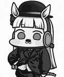  1girl animal_ears blunt_bangs blunt_ends blush_stickers bow bowler_hat charlie_chaplin charlie_chaplin_(cosplay) chibi commentary cosplay cowboy_shot ear_bow fake_facial_hair fake_mustache gold_ship_(umamusume) greyscale hat headgear horse_ears horse_girl jazz_jack long_hair looking_at_viewer monochrome necktie pencil_mustache solo suit umamusume wide_face 