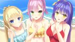  3girls :d absurdres aqua_bikini bare_arms bare_shoulders beach bikini blonde_hair blue_eyes blue_hair blue_nails blush breasts bright_pupils cleavage closed_mouth collarbone commentary_request crossed_bangs day eternalfeatherx eyelashes eyes_visible_through_hair finger_to_mouth frilled_bikini frills gradient_hair green_eyes green_ribbon gyaru hair_between_eyes hair_ribbon hairband halterneck hand_up happy highres index_finger_raised kohibari_kurumi large_breasts long_hair looking_at_viewer medium_breasts multicolored_hair multiple_girls ocean official_alternate_costume official_alternate_hairstyle one-piece_swimsuit open_mouth outdoors pink_hair ponytail purple_hair red_one-piece_swimsuit ribbon shirayuki_noa short_twintails small_breasts smile split_mouth straight_hair swimsuit tanikaze_amane tenshi_souzou_re-boot! tsurime twintails upper_body v v_over_mouth very_long_hair yellow_bikini yellow_eyes yellow_hairband yellow_nails yellow_ribbon 
