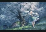  1girl black_hairband cherry_tree grass green_skirt green_vest hairband konpaku_youmu konpaku_youmu_(ghost) nature scenery shimekake short_hair skirt solo sword touhou tree vest weapon white_hair 