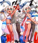  2girls ass barefoot bra check_copyright clothes commentary_request copyright_request dress elf feet flat_chest full_body green_eyes grey_hair highres legs leotard long_hair looking_at_viewer multiple_girls navel no_shoes open_mouth original panties pantyhose pointing pointing_up pointy_ears sailor_dress sharp_teeth short_dress siblings sisters smile tan teeth thighband_pantyhose toes tsukiyono_aroe twins underwear white_dress 