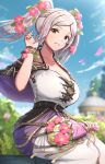  1girl absurdres belt blue_sky blurry blurry_background breasts capelet cleavage fire_emblem fire_emblem_awakening fire_emblem_heroes flower gonzarez grey_hair hair_flower hair_ornament highres looking_at_viewer official_alternate_costume robin_(female)_(fire_emblem) robin_(female)_(valentine)_(fire_emblem) robin_(fire_emblem) sitting sky smile solo 