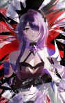  1girl absurdres acheron_(honkai:_star_rail) agasakasa armor artist_name black_choker blood blood_drip blood_from_eyes breasts broken_glass chain_around_arm choker cleavage criss-cross_halter crossed_arms detached_sleeves glass hair_ornament hair_over_one_eye halterneck highres honkai:_star_rail honkai_(series) looking_at_viewer multicolored_hair parted_lips purple_eyes purple_hair reflection shoulder_armor single_bare_shoulder solo streaked_hair twitter_username 