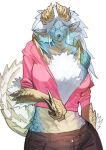  absurd_res anthro big_breasts blue_body blue_eyes blue_scales breasts capcom chest_tuft claws clothed clothing fanged_wyvern female fur hair hi_res horn mammal miao_jiangyou monster_hunter scales scalie simple_background solo tail tan_body tan_scales tuft white_body white_fur white_hair white_scales zinogre 