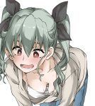  1girl anchovy_(girls_und_panzer) black_ribbon blue_pants blush breasts bright_pupils camisole casual commentary downblouse drill_hair elf_(stroll_in_the_woods) girls_und_panzer green_hair grey_shirt hair_ribbon hanging_breasts highres leaning_forward long_hair long_sleeves looking_down open_mouth pants red_eyes ribbon shirt simple_background smile solo standing sweat textless_version twin_drills twintails white_background white_camisole white_pupils 