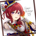  1girl absurdres alternate_hairstyle blue_hat cape center_frills collared_shirt commentary_request crown dated facial_tattoo frilled_shirt frills fur-trimmed_cape fur_trim gloves happy_birthday heart highres holding holding_scepter kiruto_(artar_12) looking_at_viewer love_live! love_live!_school_idol_festival_all_stars love_live!_school_idol_project medium_hair nishikino_maki open_mouth picture_frame purple_eyes red_hair scepter shirt short_ponytail signature sleeveless sleeveless_shirt solo tattoo upper_body white_gloves white_shirt 