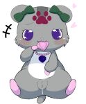 accessory amelie_(jewelpet) anthro azuo blush bodily_fluids bow_ribbon condom condom_in_mouth cricetid female fur genital_fluids genitals grey_body grey_fur hair_accessory hair_bow hair_ribbon hamster heart_symbol hi_res jewelpet jewelry mammal mouth_hold necklace object_in_mouth plump_labia presenting presenting_pussy purple_eyes pussy ribbons rodent sanrio sega_toys sexual_barrier_device simple_background solo spread_legs spreading vaginal_fluids white_background white_body white_fur