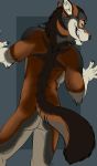  2018 5_fingers amber_eyes anthro black_fur black_nose brown_fur butt canid canine canis digital_media_(artwork) fangs fur grey_fur hero_(anoxias) hi_res looking_at_viewer looking_back male mammal multicolored_fur muscular muscular_male nude patrikthedog pinup pose simple_background smile solo standing teeth white_fur wolf 