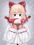  1girl :o blonde_hair bow commentary_request hair_bow highres holding long_sleeves mittens open_mouth outdoors pink_mittens puffy_sleeves red_bow red_eyes red_scarf red_skirt ribbon-trimmed_sleeves ribbon_trim satsuki_rin scarf shirt short_hair skirt snowing soooooook2 touhou white_shirt 