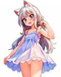  1girl absurdres animal_ears bare_shoulders blush cat_ears commentary_request dress fang flat_chest grey_eyes grey_hair highres long_hair looking_at_viewer open_mouth original panties pantyshot simple_background smile solo tsukiyono_aroe underwear white_background white_dress white_panties 