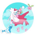  1boy :d blue_sky brionne cloud comfey commentary_request crossdressing crossover day flying full_body highres hoppip king_of_prism latias licking licking_another&#039;s_face low_twintails luvdisc male_focus nyaasechan one-piece_swimsuit one_eye_closed open_mouth otoko_no_ko outdoors pachirisu pink_eyes pink_hair pink_one-piece_swimsuit pokemon pokemon_(creature) pretty_rhythm pretty_series riding riding_pokemon saionji_leo short_hair sitting sky smile swimsuit twintails 