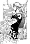  1boy bag bandana_around_arm closed_mouth cloud cowboy_shot crossed_arms earrings enahr_1111 goggles goggles_on_head greyscale jewelry leaf male_focus monochrome one_piece pants profile roronoa_zoro short_hair shoulder_bag solo tank_top twitter_username 