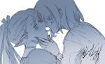  2girls blush commentary dungeon_meshi elf english_commentary falin_touden falin_touden_(tallman) french_kiss green_eyes greyscale hand_on_another&#039;s_face kiss lisedraw long_hair long_sleeves marcille_donato monochrome multiple_girls open_mouth pointy_ears profile short_hair simple_background spot_color tearing_up tears tongue tongue_out upper_body white_background yuri 