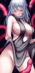  1girl absurdres blue_bow blue_eyes bow breasts censored clothes_lift dress dress_lift green_bow grey_hair grey_sweater hair_bow highres kairi_(miry666) large_breasts long_hair mosaic_censoring no_bra no_panties open_mouth original penis_tentacle plunging_neckline pussy_juice revealing_clothes solo sweat sweater sweater_dress tentacles 