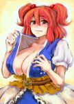  1girl blush breasts cleavage closed_mouth clothes_pull commentary_request hair_between_eyes hair_bobbles hair_ornament huge_breasts ifelt_(tamaki_zutama) looking_at_viewer obi onozuka_komachi pulled_by_self red_eyes red_hair sash short_sleeves solo touhou two_side_up upper_body yellow_background 