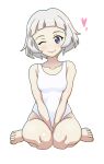  1girl between_legs blue_eyes breasts girls_und_panzer gogopaint grey_hair hand_between_legs heart lipstick makeup one-piece_swimsuit one_eye_closed simple_background sitting sophia_(girls_und_panzer) swimsuit wariza white_background white_one-piece_swimsuit 