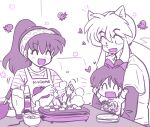  1boy 2girls :d animal_ears apron arms_up black_hair black_undershirt blush closed_eyes couch diagonal-striped_shirt dinner dog_ears drooling family fangs father_and_daughter food hair_ribbon happy heart high_ponytail higurashi_kagome holding_chibi husband_and_wife indoors inuyasha inuyasha_(character) long_hair looking_at_food mayonnaise monochrome moroha mother_and_daughter mouth_drool multiple_girls octopus parent_and_child plate polka_dot_headband ponytail red_ribbon ribbon shirt sidelocks smile steam table takoyaki takoyaki_pan wanta_(futoshi) white_hair white_shirt 