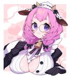  1girl 48okku :3 animal_ears artist_name braid breasts cleavage cow_ears cow_horns cropped_torso double-parted_bangs heart highres horns indie_virtual_youtuber large_breasts looking_at_viewer maroyaka_milk medium_breasts mole mole_under_eye open_clothes open_shirt pink_background pink_hair purple_eyes round_eyewear short_eyebrows solo thick_eyebrows twin_braids unbuttoned virtual_youtuber 