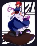  1girl black_footwear blue_dress commentary_request dress full_body hair_bobbles hair_ornament highres holding holding_scythe looking_at_viewer onozuka_komachi red_eyes red_hair sash scythe short_hair solo totosu touhou two_side_up 