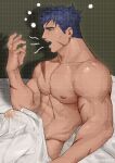  1boy abs absurdres bara blue_hair cowboy_shot erection_under_blanket from_side highres large_pectorals male_focus muscular muscular_male nipples original pectorals profile scar scar_on_cheek scar_on_face see-through short_hair sideburns solo tearing_up thick_eyebrows watermark wet_towel yang_mei_e_ba yawning 