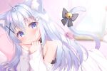  1girl ahoge animal_ear_fluff animal_ears bathrobe bell blue_eyes blue_hair blush bow cat_ears cat_girl cat_tail character_request collar double-parted_bangs frilled_collar frilled_nightgown frills hair_ornament hands_on_own_chin head_tilt indie_virtual_youtuber looking_at_viewer matchanear nightgown solo tail tail_bell tail_bow tail_ornament tail_raised x_hair_ornament 
