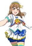  1girl :d aozora_jumping_heart bangs blue_shorts blush brown_eyes brown_hair cowboy_shot elbow_gloves gloves hat hat_ribbon highres kunikida_hanamaru looking_at_viewer love_live! love_live!_sunshine!! neckerchief open_mouth outstretched_arms ribbon short_sleeves shorts shorts_under_skirt simple_background smile solo spread_arms striped striped_legwear thighhighs vorupi white_background white_gloves white_hat yellow_neckwear yellow_ribbon 