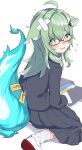  1girl absurdres ahoge animal_ears bandage_on_hair bandaid bandaid_on_leg bespectacled blush commentary_request fallen_down flying_sweatdrops fox_ears fox_tail from_behind glasses green_eyes green_hair grey_jacket grey_skirt hair_between_eyes hand_on_own_ass highres honkai:_star_rail honkai_(series) huohuo_(honkai:_star_rail) jacket long_hair long_skirt looking_at_viewer looking_back messy_hair nemu7777 open_mouth paw-shaped_pupils pleated_skirt school_uniform skirt socks sweatdrop symbol-shaped_pupils tail tail_(honkai:_star_rail) uniform white_socks yin_yang_hair_ornament 