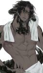  1boy 42sai abs black_hair character_request colored_sclera copyright_name copyright_request dark_skin dragon_boy dragon_horns dragon_tail grey_sclera hand_on_own_hip head_tilt highres horns light_blush looking_down male_focus medium_hair nipples parted_bangs parted_lips pectorals simple_background solo tail toned toned_male topless_male towel towel_around_neck towel_around_waist upper_body water_drop wet yellow_eyes 