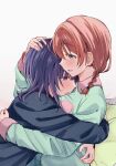  2girls asaka_karin blue_eyes blue_hair blue_pajamas blunt_bangs blush braid commentary_request e_atkenedm emma_verde freckles green_pajamas hand_on_another&#039;s_back hand_on_another&#039;s_head hug long_sleeves looking_at_another love_live! love_live!_nijigasaki_high_school_idol_club medium_hair multiple_girls open_mouth pajamas pillow red_hair sidelocks sweat twin_braids upper_body white_background yuri 