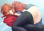  angel_howling ass censored covering_mouth highres long_hair lying masturbation on_side orange_hair pantyhose pantyhose_pull ponytail pussy_juice red_eyes red_hair solo takasugi_rinko 