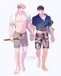  2boys absurdres alternate_costume ao_isami bara black_hair blonde_hair couple facial_hair full_body highres holding holding_hands holding_stick large_pectorals lewis_smith llld_(2ldk1241) male_focus midriff_peek multiple_boys muscular muscular_male nipples official_alternate_hairstyle pectorals see-through short_hair shorts sideburns_stubble smile stick stubble thick_eyebrows toned toned_male walking wind yaoi yuuki_bakuhatsu_bang_bravern 