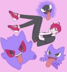  1boy black_pants black_shirt brown_eyes commentary crossover full_body gastly gengar hand_on_own_cheek hand_on_own_face hand_up haunter highres ikebukuro_ace king_of_prism looking_at_viewer male_focus nyaasechan pants pink_background pokemon pokemon_(creature) pretty_rhythm pretty_series red_footwear red_hair shirt shoes short_hair simple_background smile sneakers solo symbol-only_commentary t-shirt 
