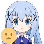  1girl blue_bow blue_eyes blue_hair blue_vest bow collared_shirt commentary_request dress_shirt emoji gochuumon_wa_usagi_desu_ka? hair_between_eyes hair_ornament imitating kafuu_chino long_hair looking_at_viewer mitya parted_lips rabbit_house_uniform shirt simple_background solo twitter_username uniform upper_body vest waitress white_background white_shirt x_hair_ornament 