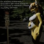 3d_(artwork) anthro background_eyes blender_cycles breasts canid canine canis danger danger_sign digital_media_(artwork) female forest glowing glowing_eyes hand_on_belly haolde hi_res imminent_rape mammal nipples nude plant pregnant red_eyes sign solo tree wolf