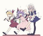  ! 3girls :d ? apron ascot black_bow black_footwear blonde_hair blue_dress blush_stickers bow braid closed_eyes collared_shirt commentary_request crystal dress flandre_scarlet frilled_sleeves frills full_body grey_hair hair_between_eyes hair_bow hat hat_ribbon izayoi_sakuya looking_at_viewer maid maid_headdress mary_janes medium_bangs medium_hair mob_cap multiple_girls notice_lines open_mouth pink_shirt pink_skirt puffy_short_sleeves puffy_sleeves purple_hair red_bow red_eyes red_ribbon red_skirt red_vest remilia_scarlet ribbon sharp_teeth shirt shoes short_hair short_sleeves simple_background skirt skirt_set smile socks takayo_(user_yeah3737) teeth touhou twin_braids upper_teeth_only vest waist_apron waist_bow walking white_apron white_background white_shirt white_socks yellow_ascot 