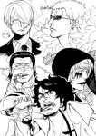  6+boys absurdres aramaki_(ryokugyu) ascot beard black_hair black_necktie black_suit blonde_hair brothers cigar cigarette clothes_writing coat crocodile_(one_piece) cropped_shoulders curly_hair donquixote_doflamingo donquixote_rocinante earrings ebiflyebi facial_hair feather_coat fur_coat hair_slicked_back highres jewelry looking_at_viewer looking_to_the_side makeup male_focus monochrome multiple_boys necktie one_piece open_mouth parted_lips portrait roronoa_zoro sakazuki_(akainu) sanji_(one_piece) scar scar_on_face short_hair siblings smoking suit sunglasses twitter_username white_background 