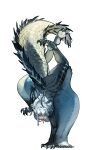  absurd_res anthro blue_body blue_scales breasts capcom claws fanged_wyvern feet female fingers fur hair handstand hi_res miao_jiangyou monster_hunter multicolored_body multicolored_scales red_eyes scales scalie solo tail tobi-kadachi toes tongue tongue_out white_body white_fur 