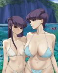  1boy 2girls absurdres bikini black_eyes black_hair blue_bikini breasts highres huge_breasts komi-san_wa_komyushou_desu komi_shouko komi_shuuko large_breasts long_hair mother_and_daughter mountain multiple_girls nanndayoo navel outdoors short_hair swimsuit tadano_hitohito water white_bikini 