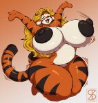 absurd_res anthro arms_above_head big_breasts black_nipples blonde_hair bouncing_breasts breasts crossgender disney eyes_closed felid female fur hair hi_res huge_breasts long_hair long_tail mammal midair mtf_crossgender nipple_dip nipples nude open_mouth orange_body orange_fur pantherine simple_background solo striped_body striped_fur stripes superix tail tiger tigger watermark winnie_the_pooh_(franchise)